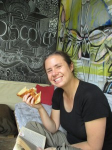 Enjoying a byrek (pastry filled with cheese, etc.) in the garden bar