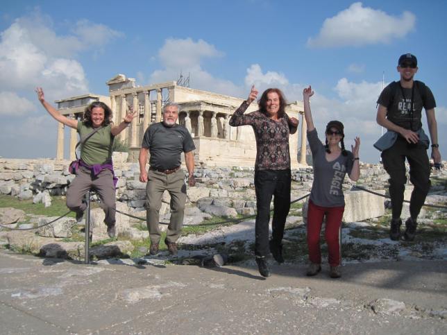 Family jelfie in Greece - seeing a place for the first time (Della, Eric, and Dana) and for the 2nd 35 years after the first (Peg and Wayne)