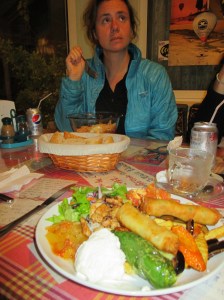 The Turkish combo platter is in the foreground. Della is enjoying her Korean bibimbap in the background