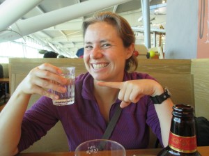 Enjoying a FREE tap water at a restaurant at Heathrow
