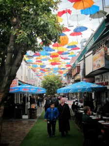 The restaurant row under the colorful umbrellas